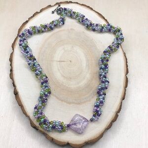 Artisan seed beaded glass boho statement style necklace.